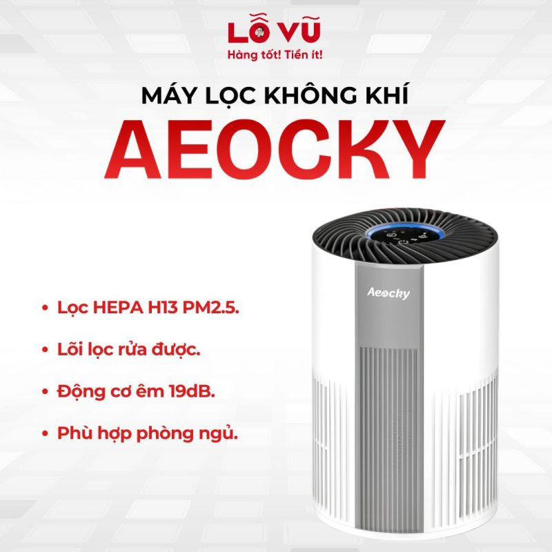 Máy lọc không khí Aeocky - Lọc HEPA H13 PM2.5, lõi lọc rửa được, động cơ êm 19dB, phù hợp phòng ngủ