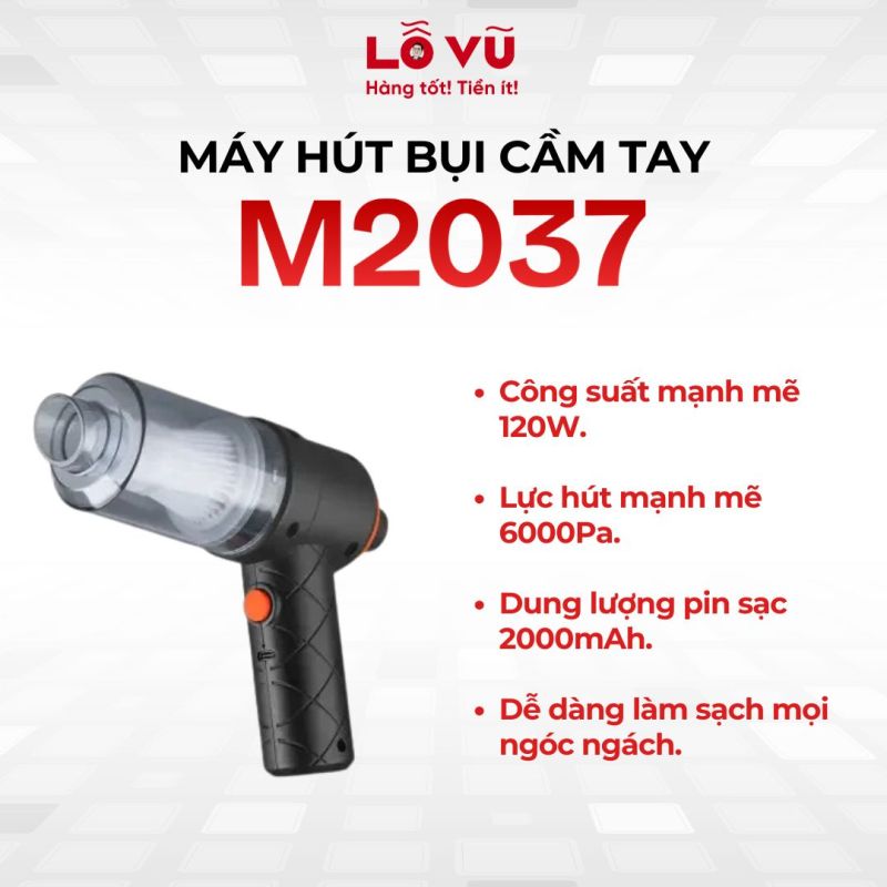 Máy hút bụi cầm tay M2037 - Máy hút bụi không dây công suất 120W, máy hút bụi ô tô, máy hút bụi máy tính, lõi lọc HEPA, 3 đầu thay thế, lực hút 6000pa
