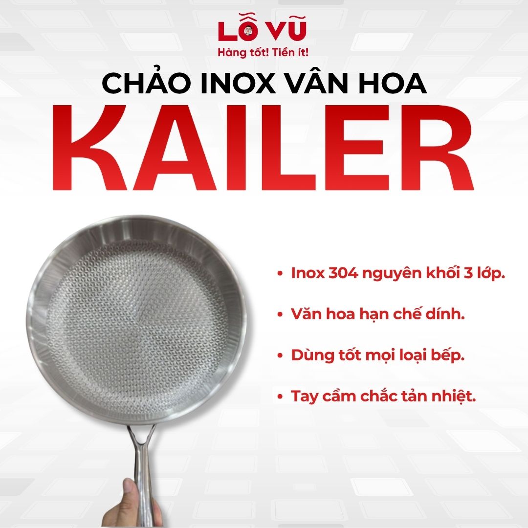 Chảo inox vân hoa Kailer (Size 26cm, 28cm, 30cm) - Inox 304 nguyên khối 3 lớp, văn hoa hạn chế dính, tay cầm chắc tản nhiệt