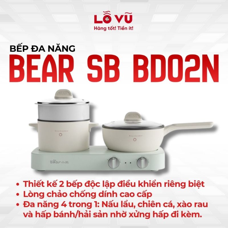 Bếp đa năng Bear SB BD02N - Thiết kế 2 bếp độc lập, lòng chảo chống dính, nấu lẩu, chiên cá, xào rau, hấp bánh 4 trong 1