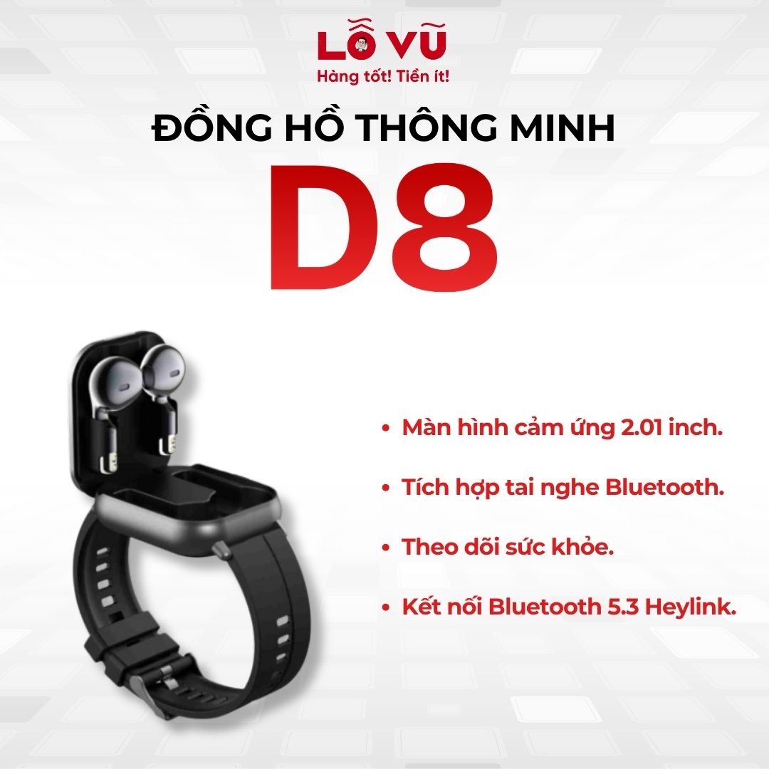 Đồng hồ thông minh D8 - Bluetooth 5.3, màn hình 2.01 inch, tích hợp tai nghe TWS trong đồng hồ, hỗ trợ app HEYLINK