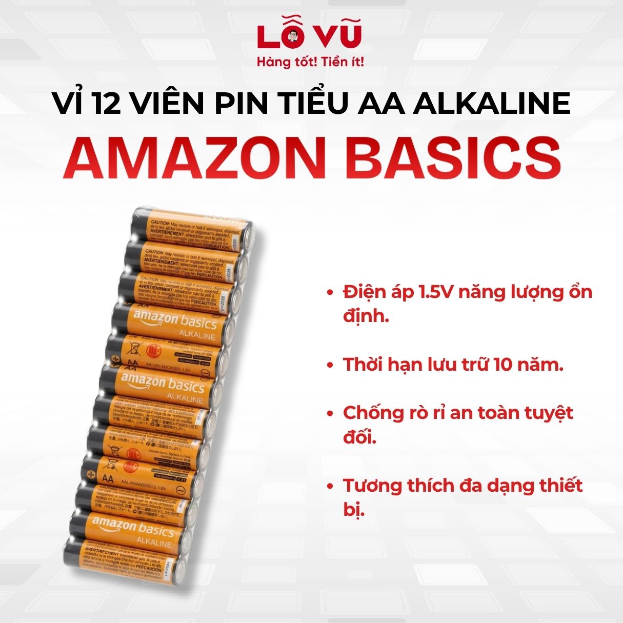 Vỉ 12 viên Pin tiểu AA Alkaline Amazon Basics (Mỹ)