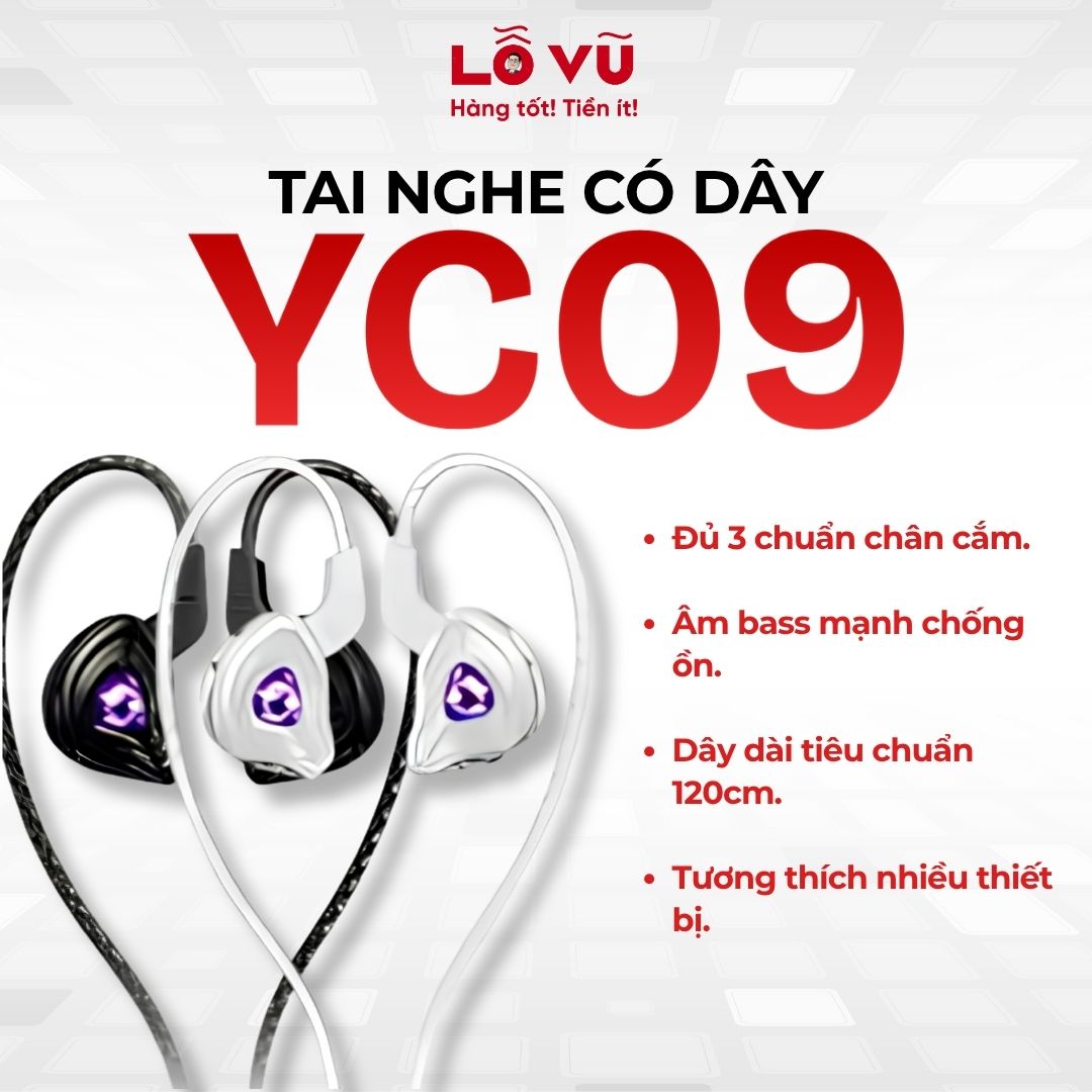Tai nghe có dây YC09 - 3 chuẩn cắm kết nối, âm bass mạnh chống ồn, thiết kế gọn nhẹ, dài 120cm