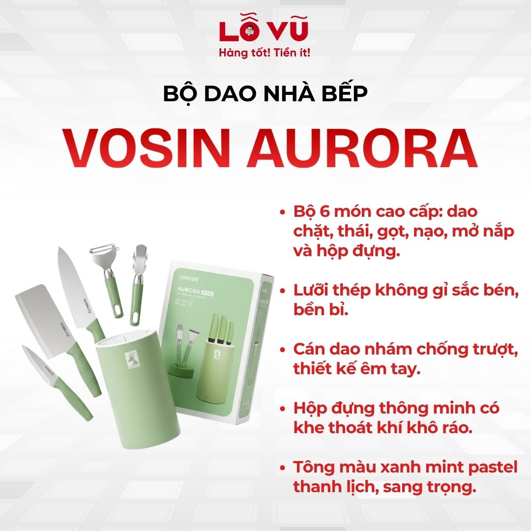 Bộ dao nhà bếp 6 món VOSIN AURORA, kèm dock, có dao chặt thái bản lớn