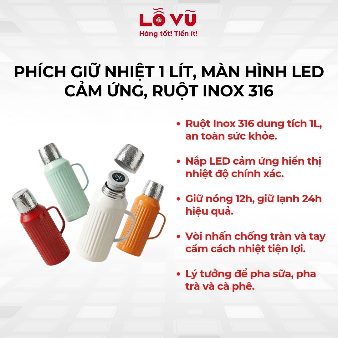 Phích giữ nhiệt 1 lít, màn hình LED cảm ứng, ruột inox 316